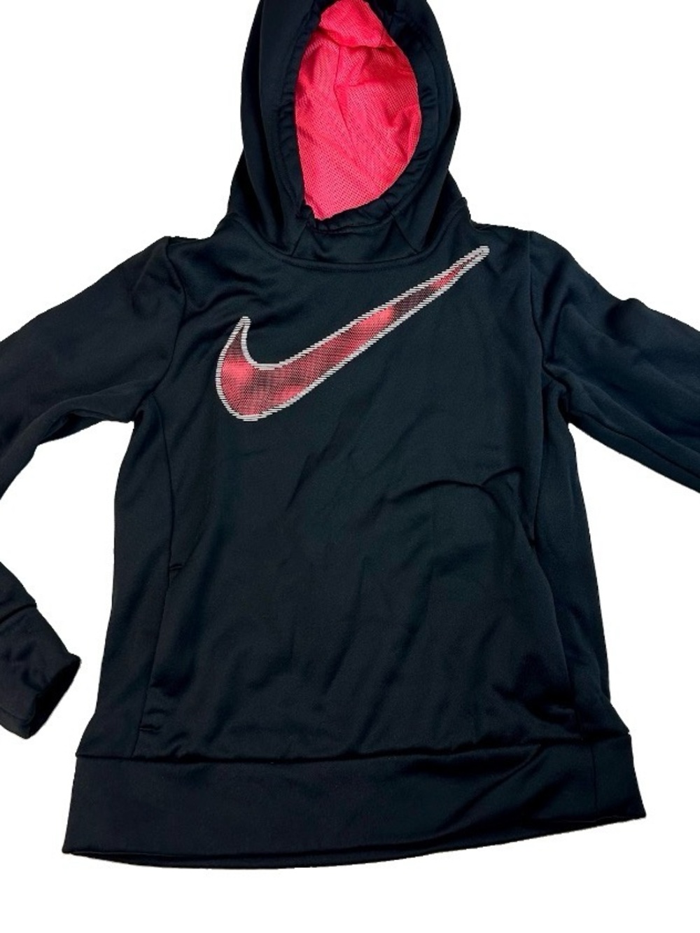 NIKE Hoodie Girls Pink Black Dri-Fit Hooded Sweatshirt Swoosh Size S